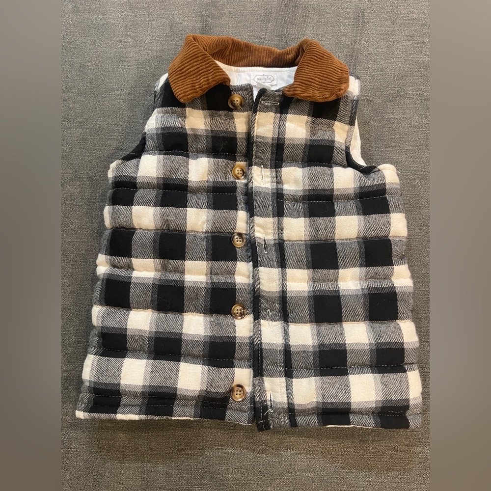 Mud Pie black white check‎ quilted vest 4T-5T brown Corduroy collar